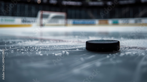 Hockey puck on ice rink with blurred net in the background.