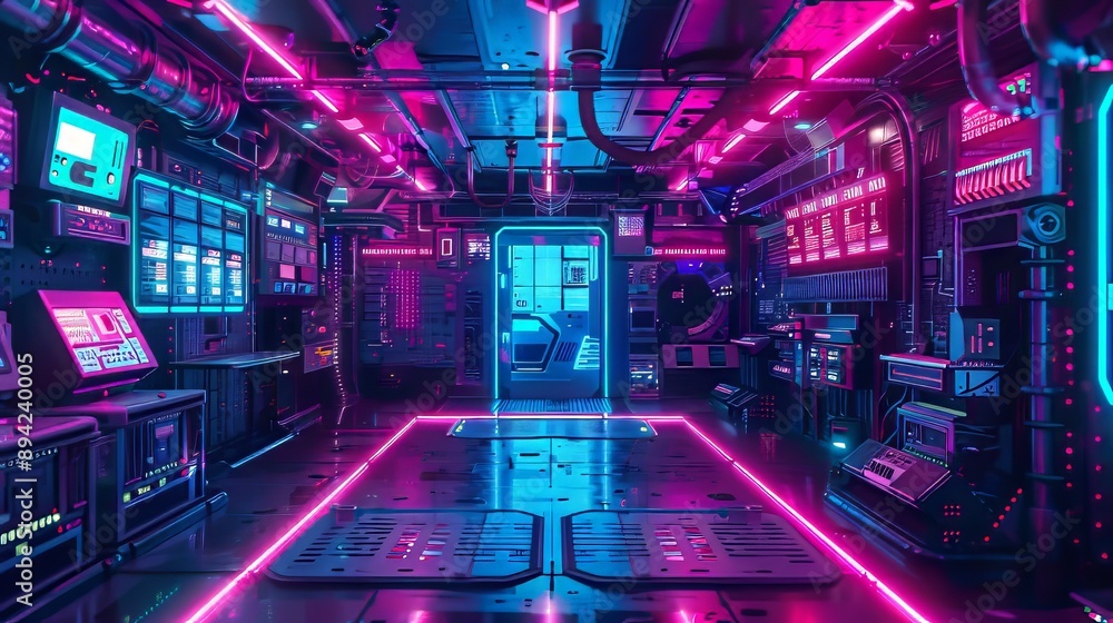 A futuristic control room with a glowing neon pink and blue light showcasing advanced technology and a mysterious doorway A futuristic control room with a glowing neon pink and blue light showcasing advanced technology and a mysterious doorway