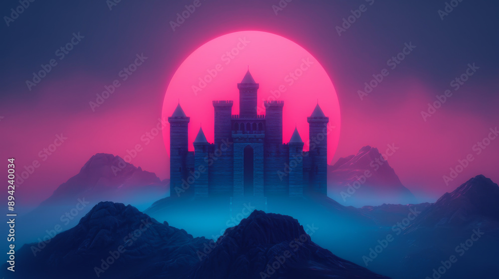 A majestic castle silhouetted against a vibrant pink sunset, surrounded by misty mountains under a twilight sky. A majestic castle silhouetted against a vibrant pink sunset, surrounded by misty mountains under a twilight sky.