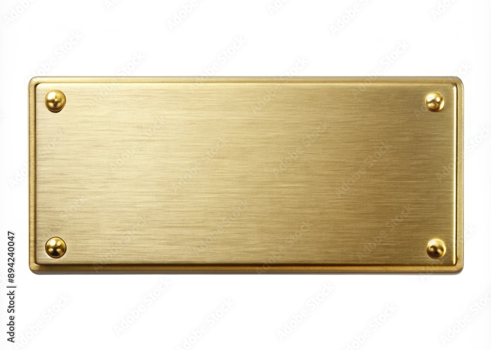 Highly detailed close-up shot of a shiny blank brass nameplate isolated over a pure white background, awaiting personalized engraving or customization. Highly detailed close-up shot of a shiny blank brass nameplate isolated over a pure white background, awaiting personalized engraving or customization.