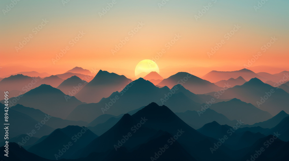 Obraz premium A mesmerizing mountain landscape at sunrise with layers of misty peaks and a warm, glowing sky.