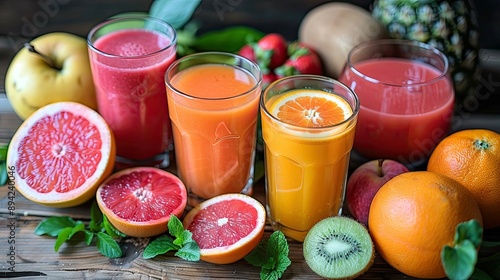 Glasses of fresh juice with fruits and berries on wooden table