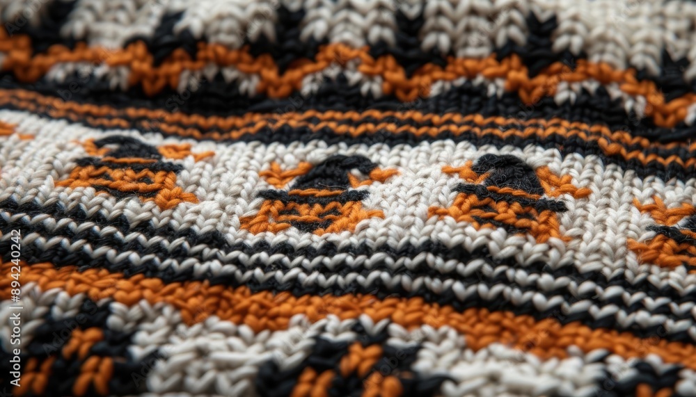 Close-up of a knitted fabric with a Halloween pattern. Close-up of a knitted fabric with a Halloween pattern.