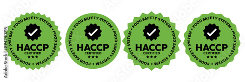 HACCP Hazard Analysis Critical Control Points, Food Safety system, logo, badge, icon, sticker, label, emblem, stamp, symbol, green, golden, flat vector, isolated illustration. HACCP Certified.