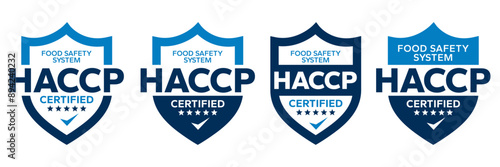 HACCP Hazard Analysis Critical Control Points, Food Safety system, logo, badge, icon, sticker, label, emblem, stamp, symbol, green, golden, flat vector, isolated illustration. HACCP Certified.