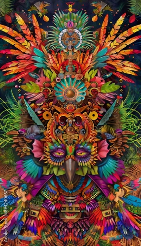 Wallpaper Mural A vibrant digital illustration depicting a colorful mask adorned with feathers and tribal motifs Torontodigital.ca