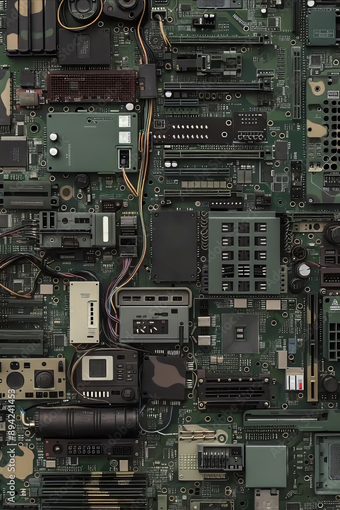 A closeup view of a green circuit board with intricate electronic components and wires A closeup view of a green circuit board with intricate electronic components and wires