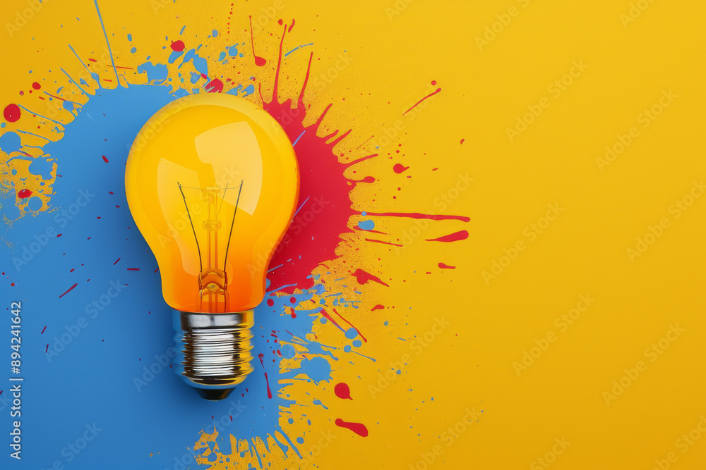 Creative concept with a glowing light bulb on a colorful background with vibrant paint splashes, symbolizing innovation and bright ideas. Creative concept with a glowing light bulb on a colorful background with vibrant paint splashes, symbolizing innovation and bright ideas.