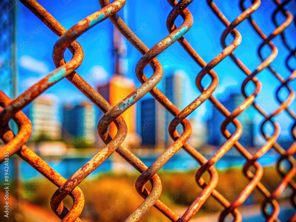 A close-up shot of a rusty chain link fence set against a vibrant blue background, evoking feelings of security, isolation, and urban landscape. A close-up shot of a rusty chain link fence set against a vibrant blue background, evoking feelings of security, isolation, and urban landscape.