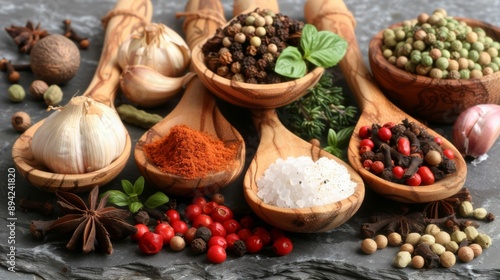 stock photography of an overhead view of 6 wooden spoons full of spices untidy on a slate table