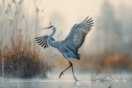 A dynamic shot of a common crane dancing in a marshland during mating season.