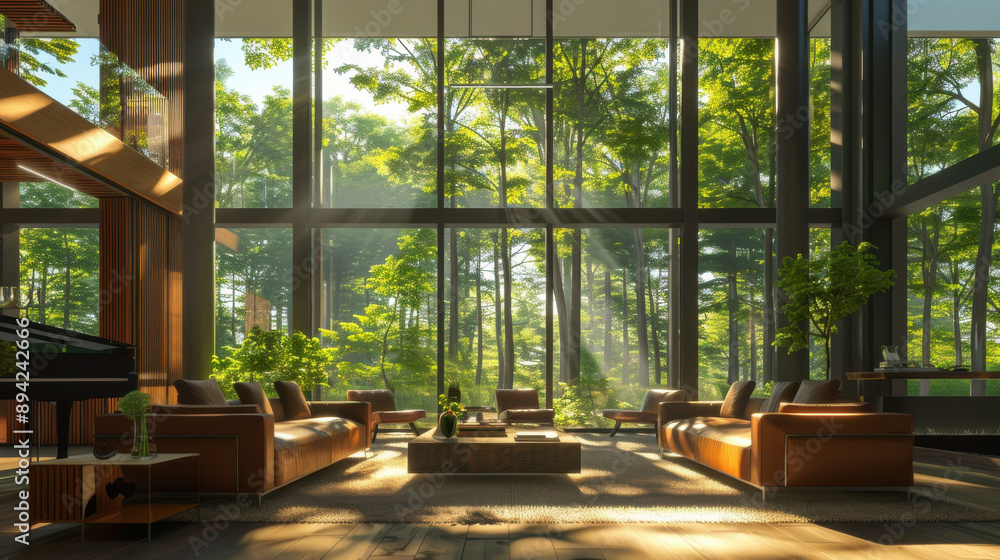 Fototapeta premium Elegant modern living room with large windows and sunrays illuminating the interior through the trees