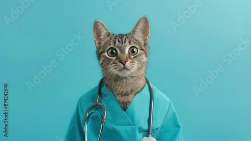 Portrait photography of a cute cat little professional, smiling cute cat little Nurse Practitioner with a stethoscope, , on plain pastel Pale Blue color background, editorial style