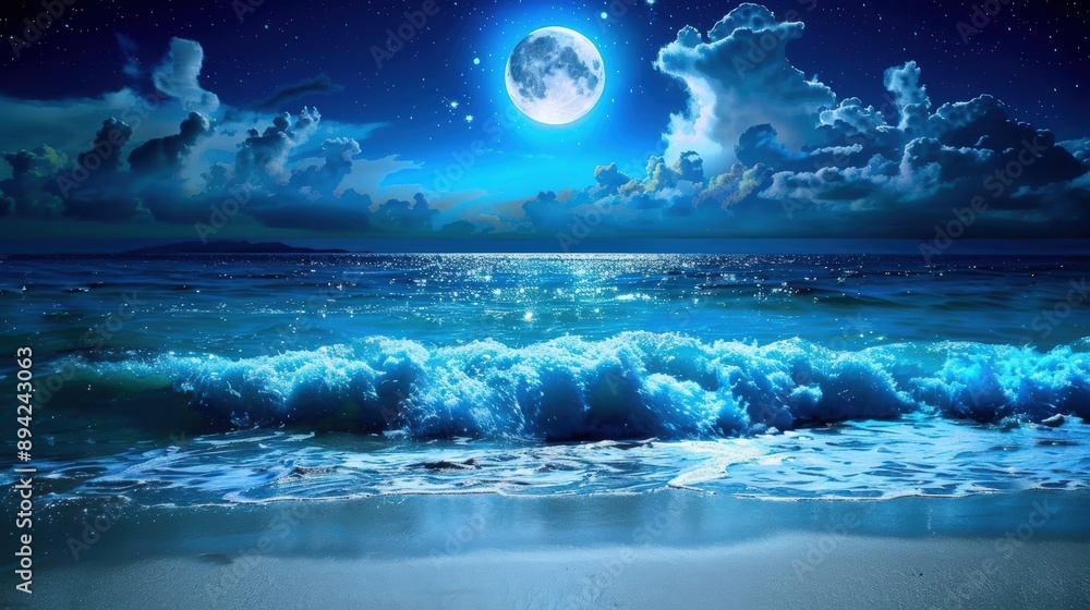 Soothing Dutch Angle Shot of Bioluminescent Beach at Night - High Quality Image Soothing Dutch Angle Shot of Bioluminescent Beach at Night - High Quality Image