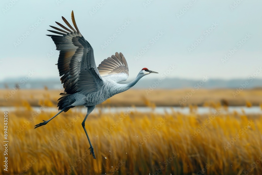 Fototapeta premium A dynamic shot of a common crane dancing in a marshland during mating season.