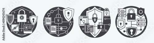set cybersecurity data privacy icons, secure safe computer digital