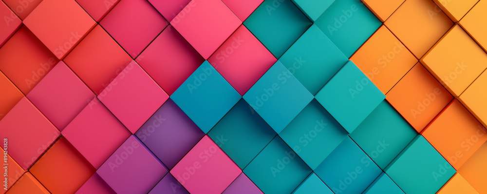 Vibrant geometric abstract background with colorful overlapping squares in various shades of pink, orange, purple, teal, and blue. Vibrant geometric abstract background with colorful overlapping squares in various shades of pink, orange, purple, teal, and blue.