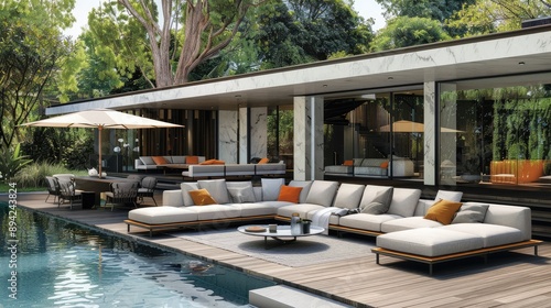 Serene Outdoor Living Space with Poolside Comfort and Modern Design