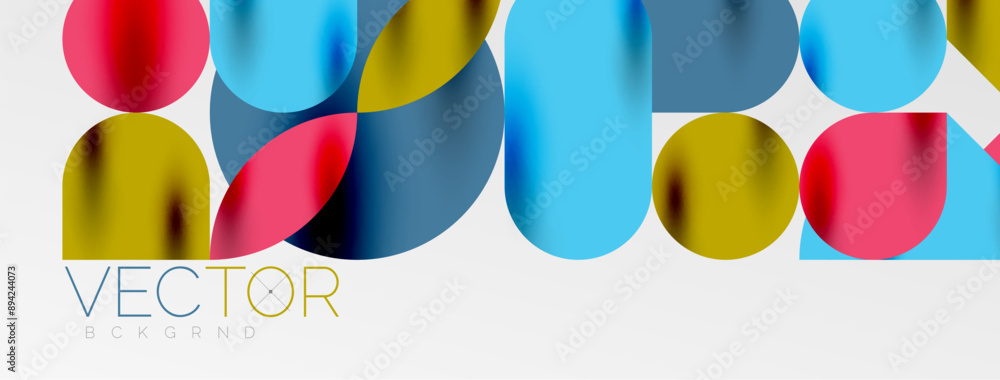 Mosaic geometric elements. Colorful circles, round geometric shapes and lines with shadow 3d effects. Simple forms abstract background for wallpaper, banner, template or landing Mosaic geometric elements. Colorful circles, round geometric shapes and lines with shadow 3d effects. Simple forms abstract background for wallpaper, banner, template or landing
