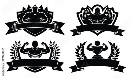 Bodybuilder flexing muscles in different poses with ribbons laurel wreath surrounding champion, winner achievement success
