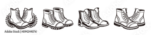 Black white drawing four different styles boots, work military lace-up combat