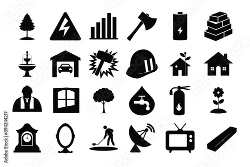 Black white icon set about home repair improvement, decorate remodel paint build