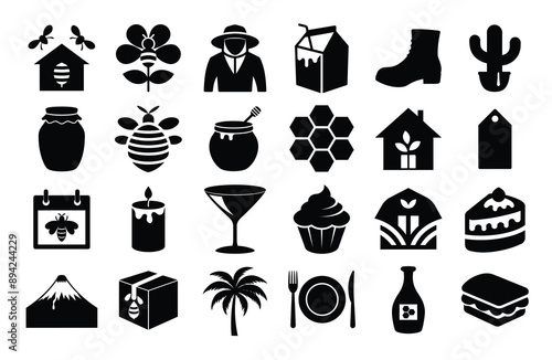 Set black white icons honey beekeeping including beehive bee honeycomb jar honey beekeepers hat, tag milk home calendar