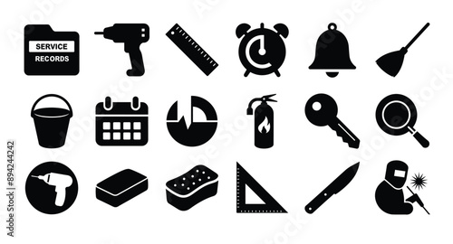 Black white icon set various aspects car repair maintenance, parts oil equipment engine
