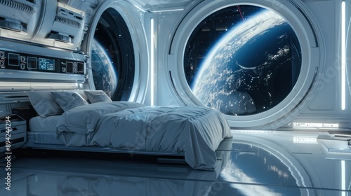 Fototapeta Naklejka Na Ścianę i Meble -  A futuristic bedroom with a large window providing a view of Earth from space