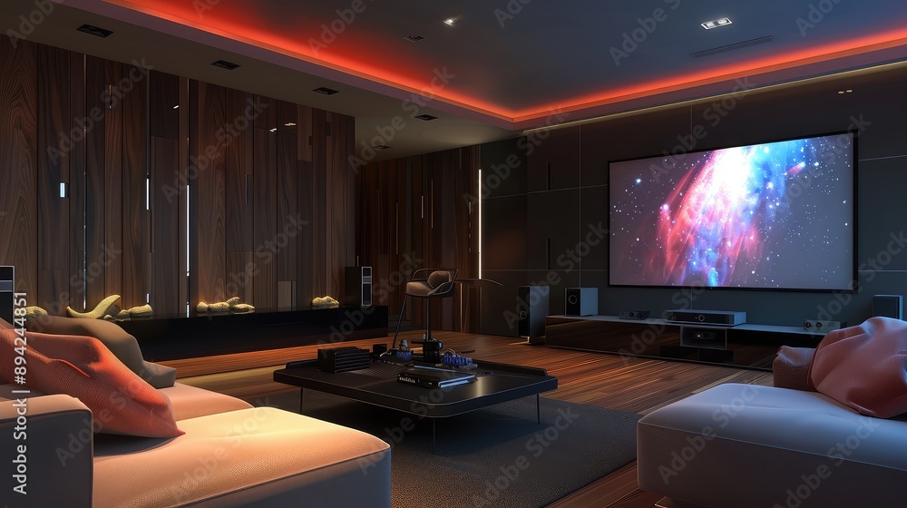 Modern Home Theater with Cozy Seating and Ambient Lighting Modern Home Theater with Cozy Seating and Ambient Lighting