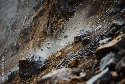 A close-up of a landslide with rocks and debris tumbling down a mountainside.