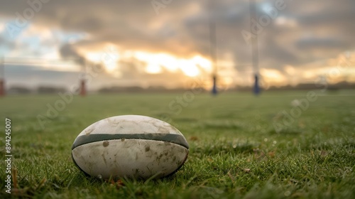 A rugby ball resting on the grass, with goalposts and a few players warming up in the background under a cloudy sky