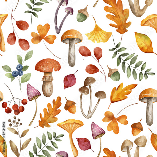 Seamless pattern with mushrooms, leaves hand drawing, digital botanical background. Autumn design. photo