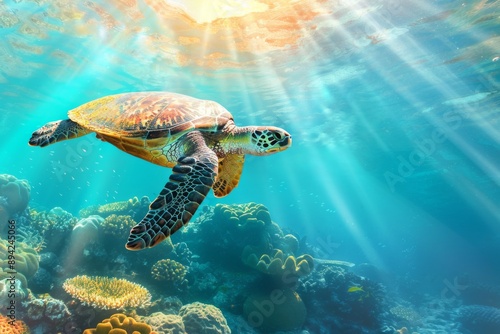 Sea Turtle in a Sunlit Ocean