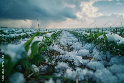 A severe hailstorm damaging crops in a field, with large hailstones scattered around
