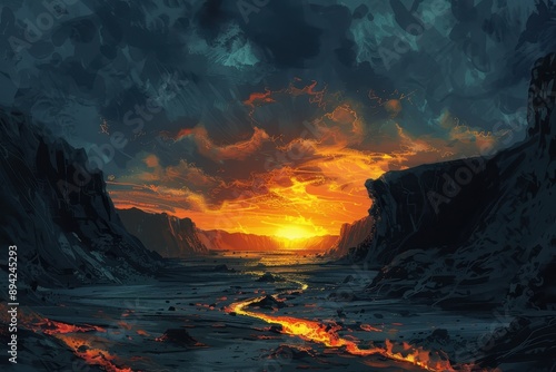 Molten lava river flowing through a dark rocky canyon at sunset photo