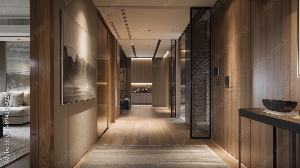 Fototapeta premium Elegant Modern Interior Hallway with Warm Wood Finishes and Contemporary Design