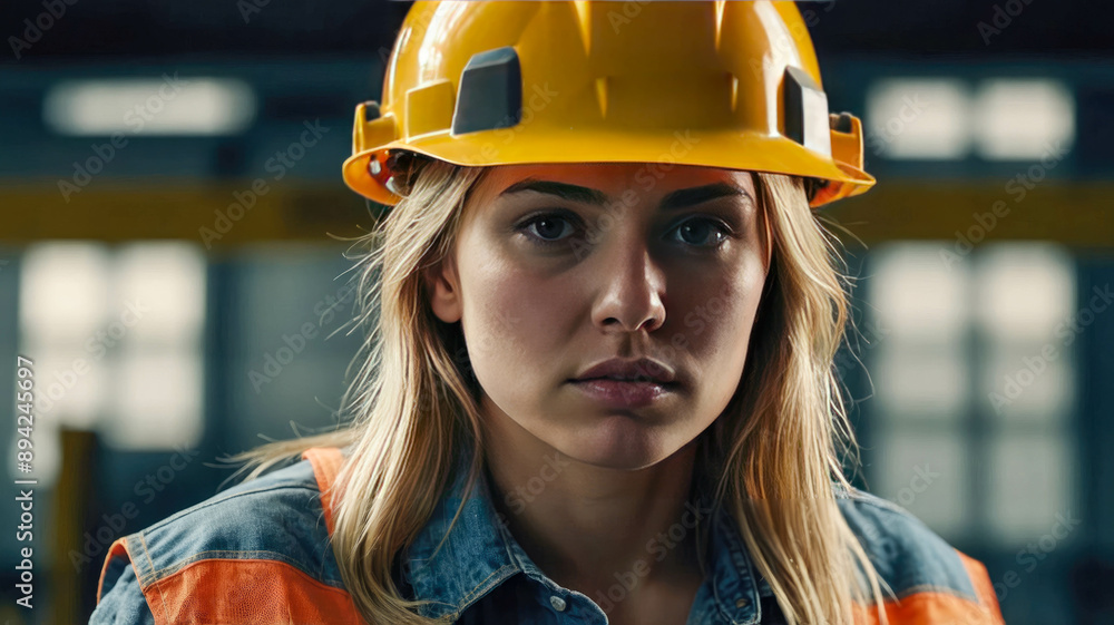 Portrait of a young female construction worker wearing a yellow helmet and protective earmuffs Portrait of a young female construction worker wearing a yellow helmet and protective earmuffs