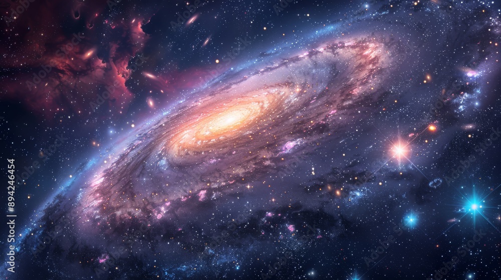 Fototapeta premium Stunning Spiral Galaxy in Outer Space with Bright Stars and Cosmic Dust, Ideal for AstronomyThemed Prints and Posters