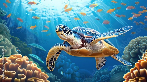 Fototapeta Naklejka Na Ścianę i Meble -  A travelthemed illustration of a sea turtle swimming through the Great Barrier Reef