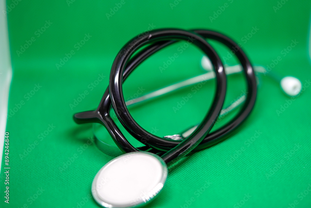 stethoscope, a device that measures heart rate, with black rubber bands and white parts, on a green background