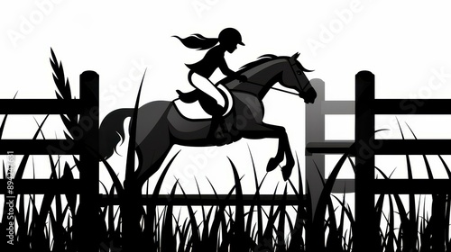 Dynamic silhouette of a female rider leaping a hurdle with her showjumper horse in midair, showcasing athleticism. photo