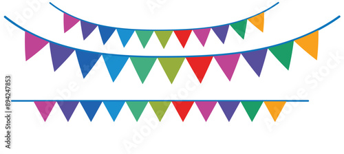 Festive flag garland vector illustration. Retro bunting in simple flat style, isolated on white background. Carnival, birthday, circus border decoration.