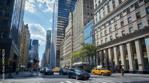 Financial institution headquarters in a bustling city center, featuring skyscrapers and busy streets