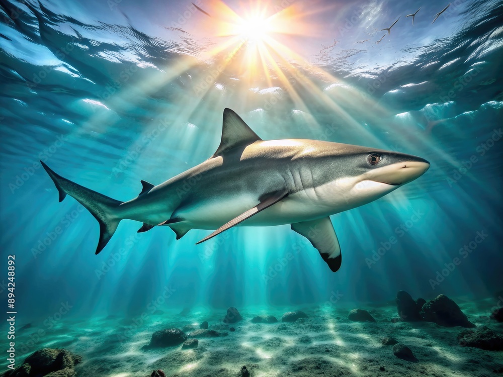 Fototapeta premium Fierce gray reef shark swims horizontally in turquoise ocean water with sunlight filtering down, showcasing its powerful tail and razor-sharp serrated teeth.