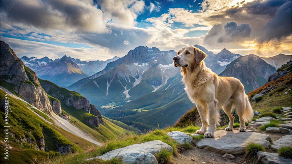 Obraz premium A serene dog stands alone on a rocky mountain path, symbolizing loyalty and companionship, with majestic mountains and valleys stretching into the distance.