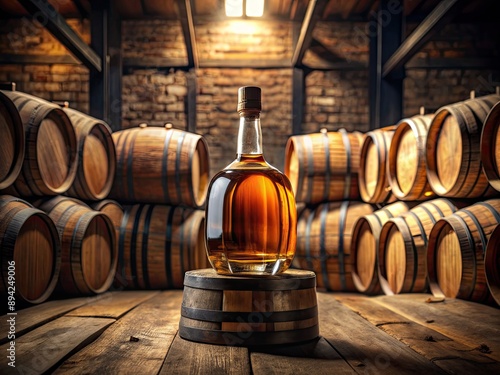 Aged whiskey bottle rests on oak barrel amidst dimly lit, rustic surroundings, surrounded by rows of stacked barrels in a traditional distillery setting. photo