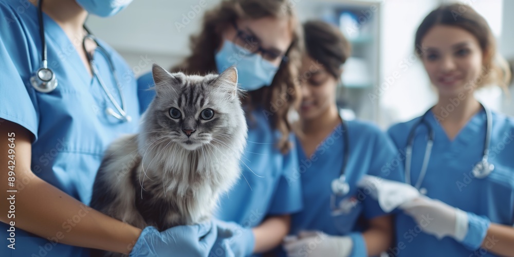 A group of medical professionals are holding a cat in a hospital setting. The cat appears to be a stray, and the medical team is trying to help it. Scene is one of compassion and care for the animal A group of medical professionals are holding a cat in a hospital setting. The cat appears to be a stray, and the medical team is trying to help it. Scene is one of compassion and care for the animal