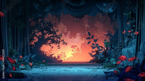 Eerie shadow puppetry on a tattered curtain in a dilapidated theater. Minimalist UI in a flat illustration style on a white background with bright Color scheme, dribble, flat Illustration ,