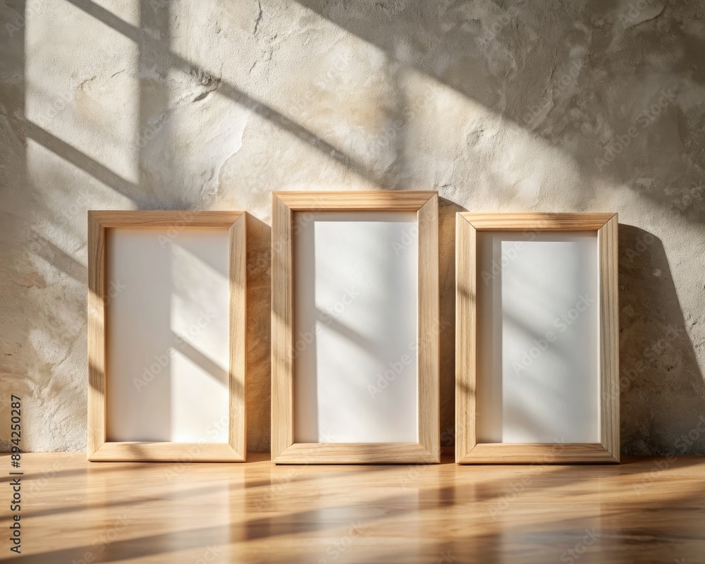 Bright sunlight illuminates a minimalist beige triple wooden frame mockup, casting natural shadows, set against a clean, rustic background, evoking a sense of Bauhaus-inspired simplicity. Bright sunlight illuminates a minimalist beige triple wooden frame mockup, casting natural shadows, set against a clean, rustic background, evoking a sense of Bauhaus-inspired simplicity.